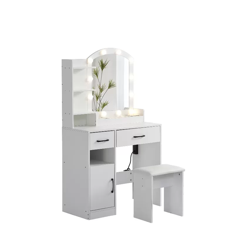 Vanity Desk Set Including Table With Large Lighted Mirror,lighting Modes Adjustable Brightness, Dressing Table With 2 Drawers, Storage Cabinet And Upholstered Stool 3