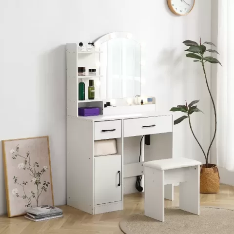 Vanity Desk Set Including Table With Large Lighted Mirror,lighting Modes Adjustable Brightness, Dressing Table With 2 Drawers, Storage Cabinet And Upholstered Stool 4
