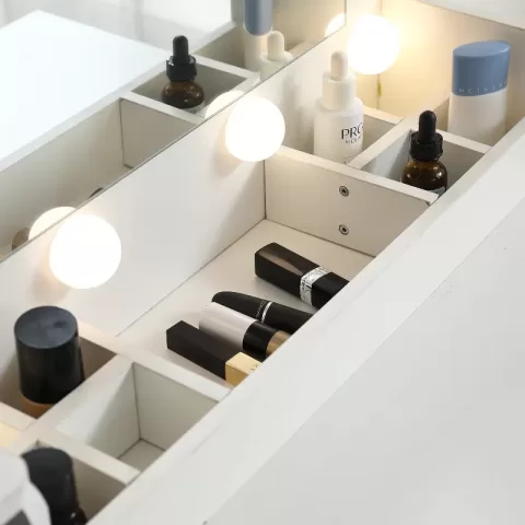 Vanity Desk Set Including Table With Large Lighted Mirror,lighting Modes Adjustable Brightness, Dressing Table With 2 Drawers, Storage Cabinet And Upholstered Stool 5