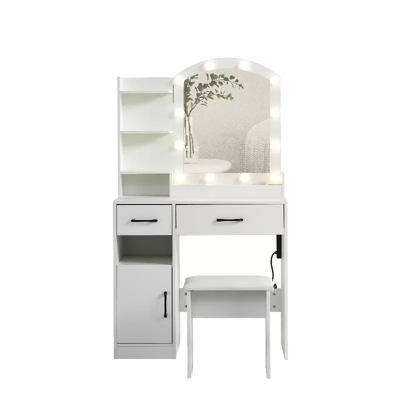 Vanity Desk Set Including Table With Large Lighted Mirror,lighting Modes Adjustable Brightness, Dressing Table With 2 Drawers, Storage Cabinet And Upholstered Stool 6