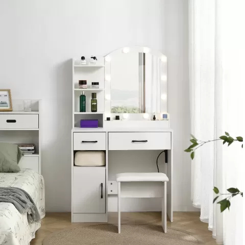 Vanity Desk Set Including Table With Large Lighted Mirror,lighting Modes Adjustable Brightness, Dressing Table With 2 Drawers, Storage Cabinet And Upholstered Stool 7