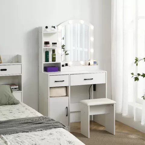 Vanity Desk Set Including Table With Large Lighted Mirror,lighting Modes Adjustable Brightness, Dressing Table With 2 Drawers, Storage Cabinet And Upholstered Stool 8