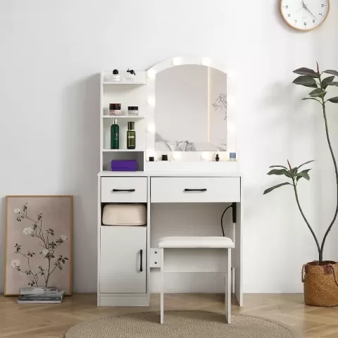 Vanity Desk Set Including Table With Large Lighted Mirror,lighting Modes Adjustable Brightness, Dressing Table With 2 Drawers, Storage Cabinet And Upholstered Stool 9