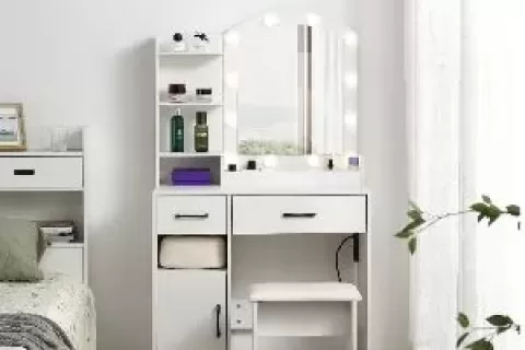 Vanity Desk Set Including Table With Large Lighted Mirror,lighting Modes Adjustable Brightness, Dressing Table With 2 Drawers, Storage Cabinet And Upholstered Stool
