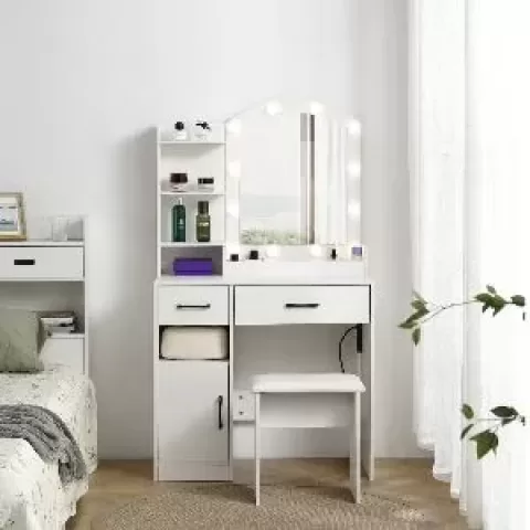 Vanity desk set including table with large lighted mirror,3 color lighting modes adjustable brightness, dressing table with 2 drawers, storage cabinet