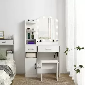 Vanity Desk Set Including Table With Large Lighted Mirror,lighting Modes Adjustable Brightness, Dressing Table With 2 Drawers, Storage Cabinet And Upholstered Stool
