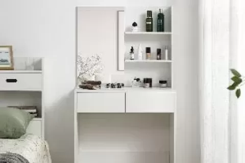 Vanity Desk With Mirror, Dressing Table With 2 Drawers, White Color