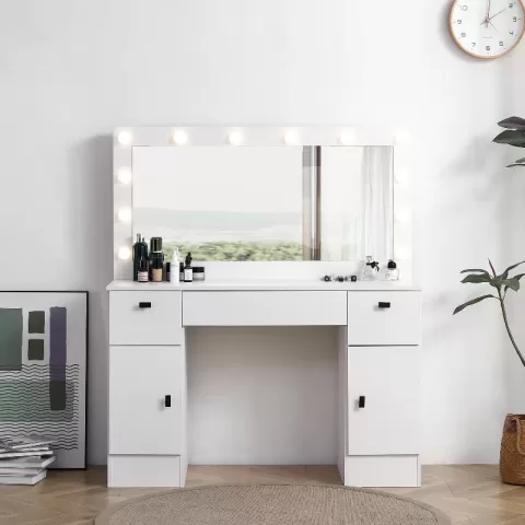 Vanity Table With Lighted Mirror, Vanity Desk With 3 Drawers And Storage Cabinet,3 Color Lighting Modes Adjustable Brightness, White Color 2