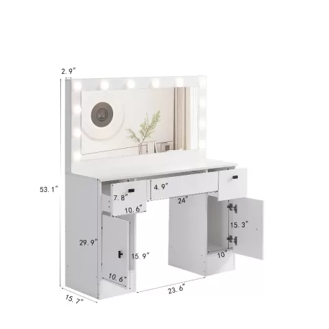 Vanity Table With Lighted Mirror, Vanity Desk With 3 Drawers And Storage Cabinet,3 Color Lighting Modes Adjustable Brightness, White Color 8