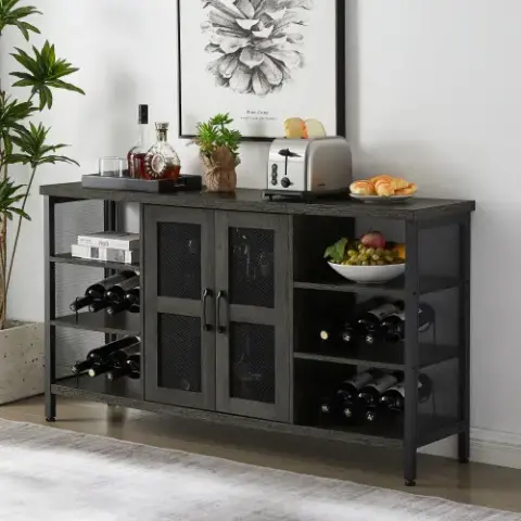Industrial Wine Bar Cabinet, Liquor Storage Credenza, Sideboard with Wine Racks & Stemware Holder ( 55.12''w x 13.78''d x 30.31' ' h)