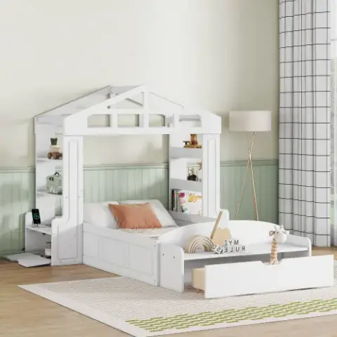 Twin Size House Bed with Bench, Socket and Shelves