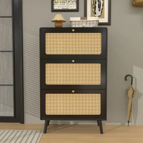Drawer Dresser, Modern Rattan Dresser Chest with Wide Drawers and Metal Handles, Farmhouse Wood Storage Chest of Drawers for Bedroom, Living Room