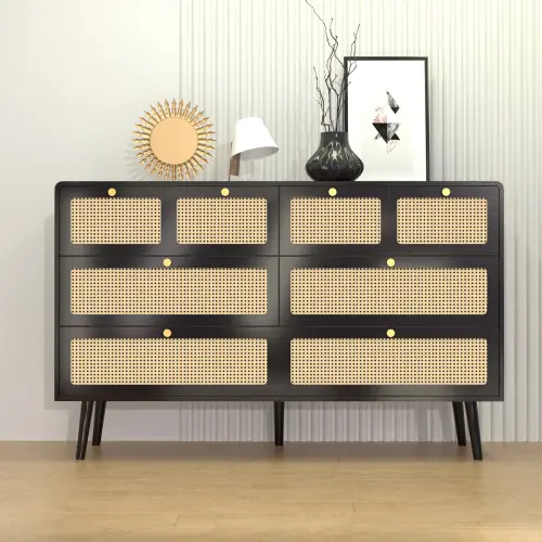 Drawer Dresser, Modern Rattan Dresser Chest with Wide Drawers and Metal Handles, Farmhouse Wood Storage Chest of Drawers for Bedroom, Living Room