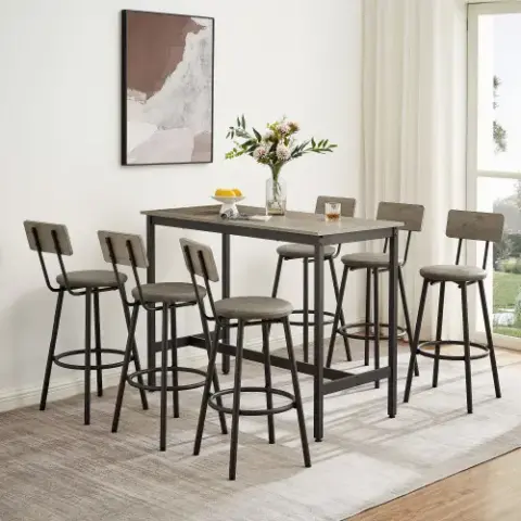 Pub High Dining Table 7 Piece Set, Industrial Style Pub Table, 6 PU Leather Bar Chairs for Kitchen Breakfast Table, Living Room, Bar