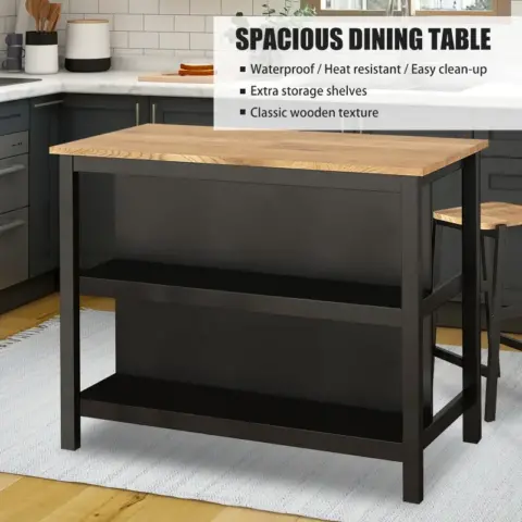 3 Pcs Dining Table Set Rustic Retro Breakfast Table Dining Stools Rubberwood For 2 With Two Open Shelves For Small Space Kitchen Dining Room 2