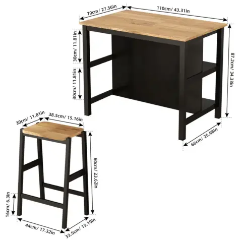 3 Pcs Dining Table Set Rustic Retro Breakfast Table Dining Stools Rubberwood For 2 With Two Open Shelves For Small Space Kitchen Dining Room 3