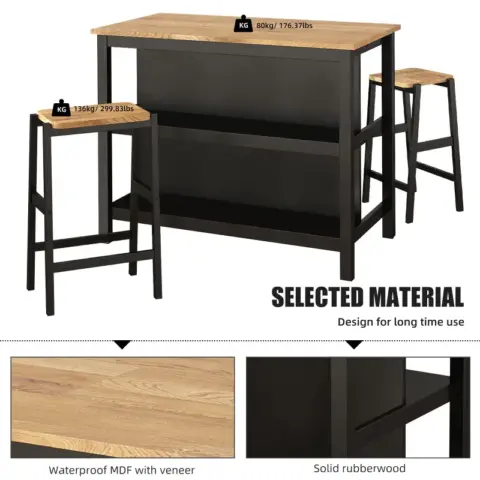 3 Pcs Dining Table Set Rustic Retro Breakfast Table Dining Stools Rubberwood For 2 With Two Open Shelves For Small Space Kitchen Dining Room 5