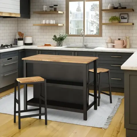 3 Pcs Dining Table Set Rustic Retro Breakfast Table Dining Stools Rubberwood For 2 With Two Open Shelves For Small Space Kitchen Dining Room 6
