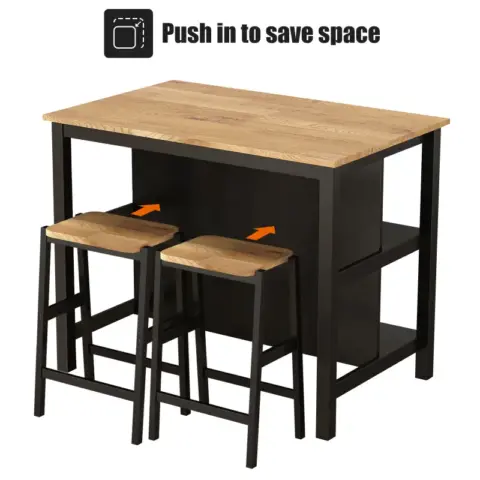 3 Pcs Dining Table Set Rustic Retro Breakfast Table Dining Stools Rubberwood For 2 With Two Open Shelves For Small Space Kitchen Dining Room 8
