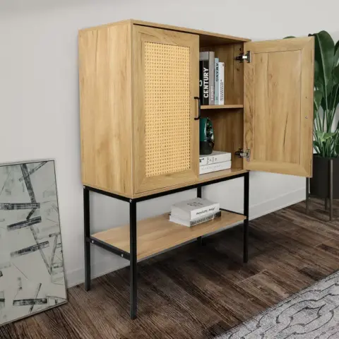 31.5 Inch Wide 2 Rattan Doors Free Standing Sideboard Storage Cabinet With One Open Bottom Shelf For Kitchen Dinning Room Living Room, Natural Color 1