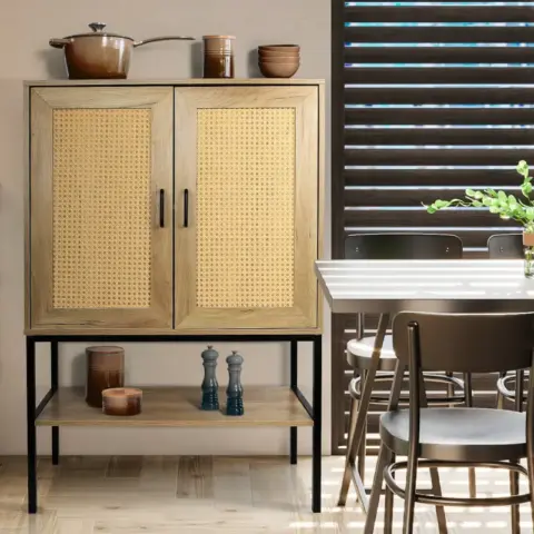 31.5 Inch Wide 2 Rattan Doors Free Standing Sideboard Storage Cabinet With One Open Bottom Shelf For Kitchen Dinning Room Living Room, Natural Color 11