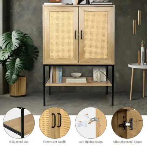 31.5 Inch Wide 2 Rattan Doors Free Standing Sideboard Storage Cabinet With One Open Bottom Shelf For Kitchen Dinning Room Living Room, Natural Color 3