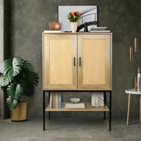31.5 Inch Wide 2 Rattan Doors Free Standing Sideboard Storage Cabinet With One Open Bottom Shelf For Kitchen Dinning Room Living Room, Natural Color 4