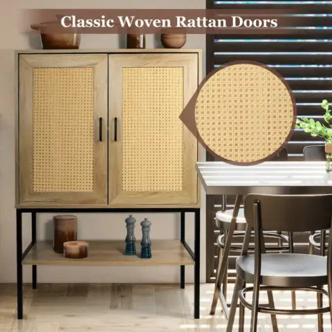 31.5 Inch Wide 2 Rattan Doors Free Standing Sideboard Storage Cabinet With One Open Bottom Shelf For Kitchen Dinning Room Living Room, Natural Color 5