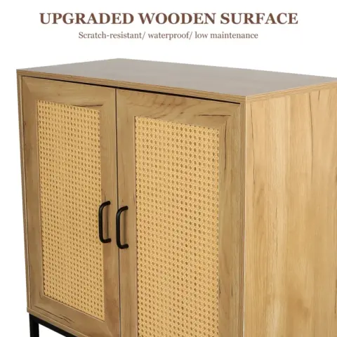 31.5 Inch Wide 2 Rattan Doors Free Standing Sideboard Storage Cabinet With One Open Bottom Shelf For Kitchen Dinning Room Living Room, Natural Color 7