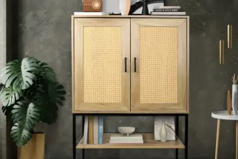 31.5 Inch Wide 2 Rattan Doors Free Standing Sideboard Storage Cabinet With One Open Bottom Shelf For Kitchen Dinning Room Living Room, Natural Color