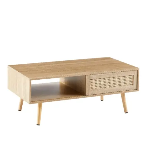 41.34 Rattan Coffee Table, Sliding Door For Storage, Solid Wood Legs, Modern Table For Living Room , Natural 1