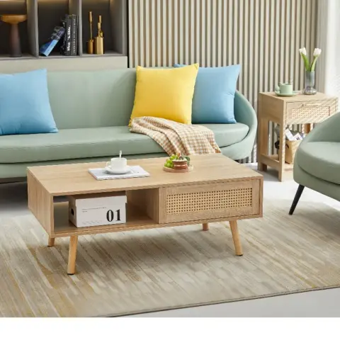 41.34 Rattan Coffee Table, Sliding Door For Storage, Solid Wood Legs, Modern Table For Living Room , Natural 10