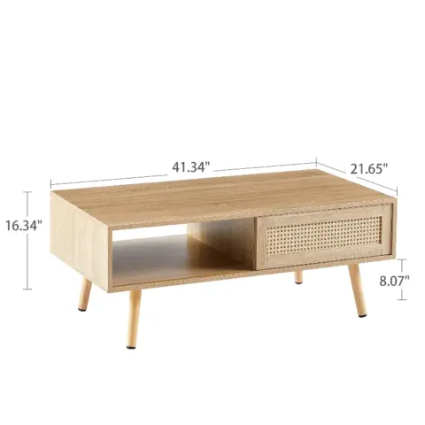 41.34 Rattan Coffee Table, Sliding Door For Storage, Solid Wood Legs, Modern Table For Living Room , Natural 11