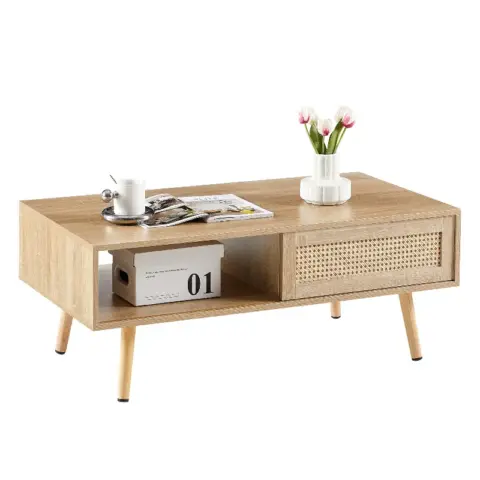41.34 Rattan Coffee Table, Sliding Door For Storage, Solid Wood Legs, Modern Table For Living Room , Natural 14