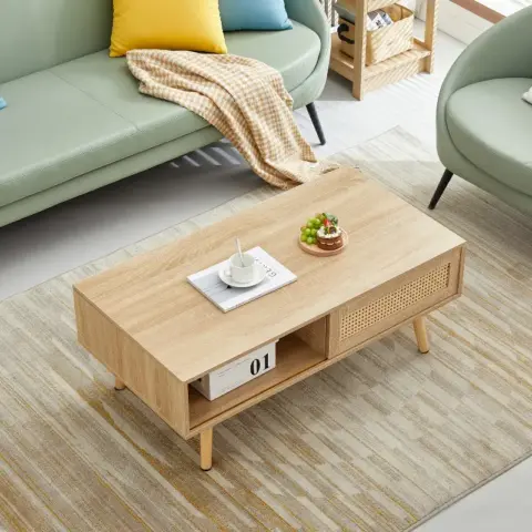 41.34 Rattan Coffee Table, Sliding Door For Storage, Solid Wood Legs, Modern Table For Living Room , Natural 15