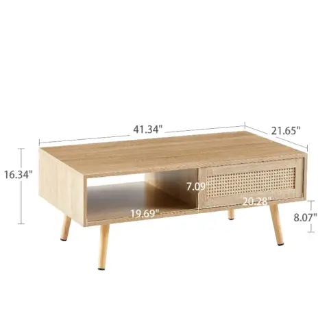 41.34 Rattan Coffee Table, Sliding Door For Storage, Solid Wood Legs, Modern Table For Living Room , Natural 16