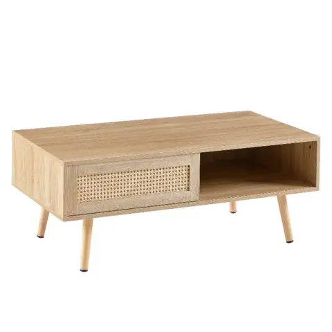 41.34 Rattan Coffee Table, Sliding Door For Storage, Solid Wood Legs, Modern Table For Living Room , Natural 2