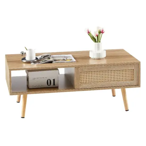 41.34 Rattan Coffee Table, Sliding Door For Storage, Solid Wood Legs, Modern Table For Living Room , Natural 3