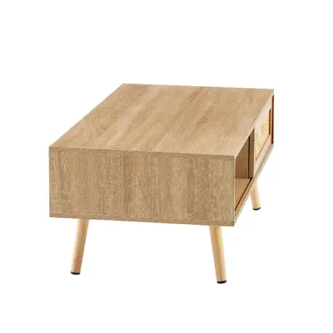 41.34 Rattan Coffee Table, Sliding Door For Storage, Solid Wood Legs, Modern Table For Living Room , Natural 6
