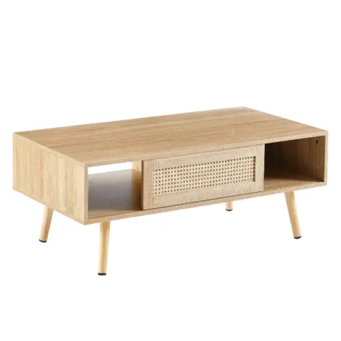 41.34 Rattan Coffee Table, Sliding Door For Storage, Solid Wood Legs, Modern Table For Living Room , Natural 7