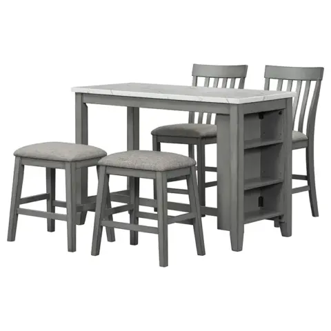 5 Piece Counter Height Dining Table Set With Built In Storage Shelves,grey 29