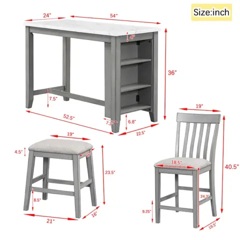 5 Piece Counter Height Dining Table Set With Built In Storage Shelves,grey 30