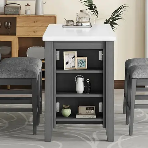 5 Piece Counter Height Dining Table Set With Built In Storage Shelves,grey 32