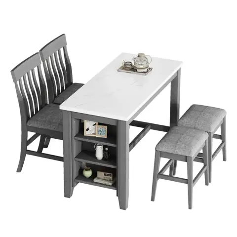 5 Piece Counter Height Dining Table Set With Built In Storage Shelves,grey 34
