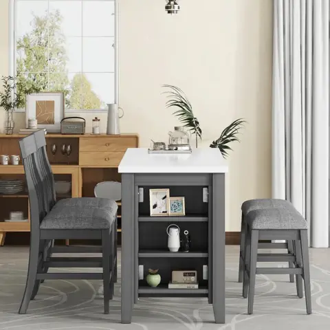 5 Piece Counter Height Dining Table Set With Built In Storage Shelves,grey 40