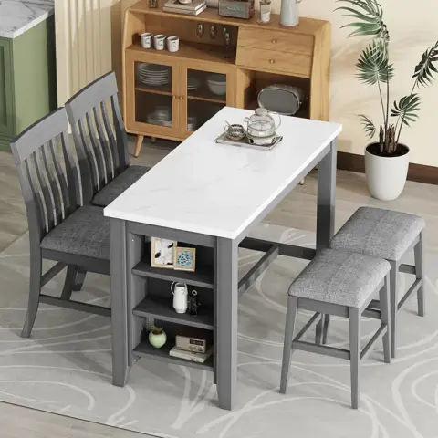 5 Piece Counter Height Dining Table Set With Built In Storage Shelves,grey 41