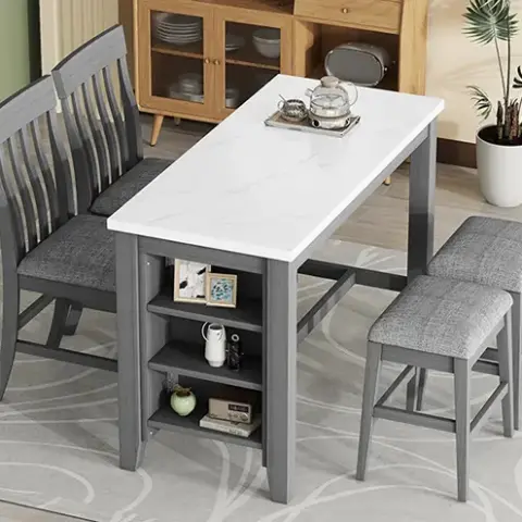 5 Piece Counter Height Dining Table Set With Built In Storage Shelves,grey 43