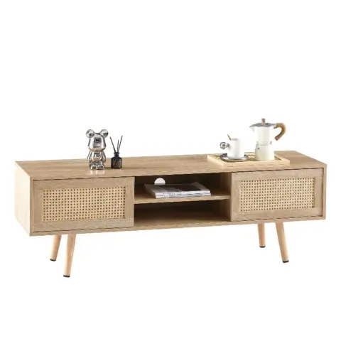 55.12 Rattan Tv Cabinet, Double Sliding Doors For Storage, Adjustable Shelf, Solid Wood Legs, Tv Console For Living Room ,natural 1