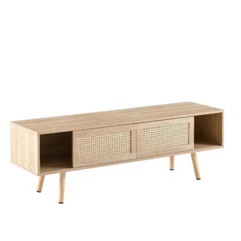 55.12 Rattan Tv Cabinet, Double Sliding Doors For Storage, Adjustable Shelf, Solid Wood Legs, Tv Console For Living Room ,natural 13