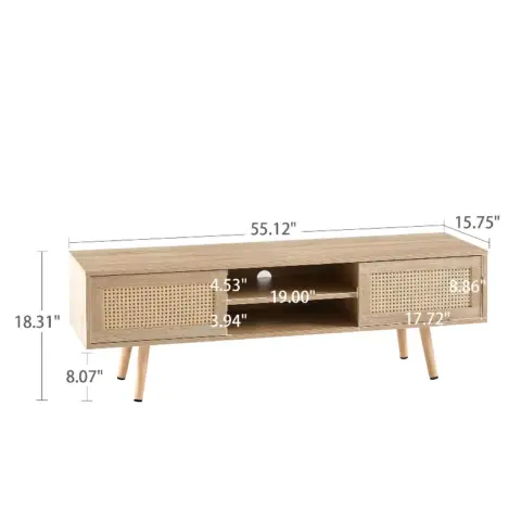 55.12 Rattan Tv Cabinet, Double Sliding Doors For Storage, Adjustable Shelf, Solid Wood Legs, Tv Console For Living Room ,natural 16